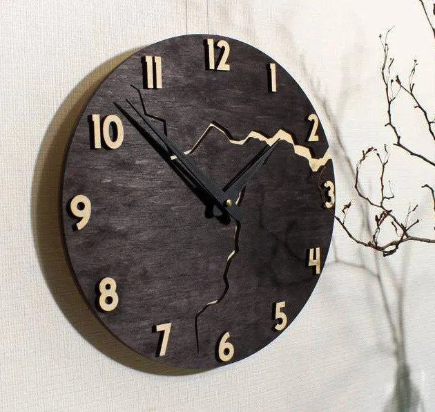 Modern wooden wall clock with crack effect finish, 20cm diameter, showing style option