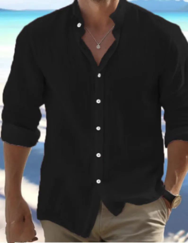 Men's casual long-staple cotton button-up summer shirt on a hanger.