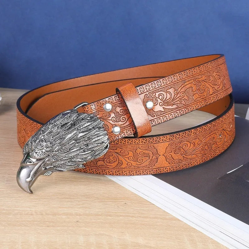 Men's imitation leather belt with cow head buckle design in black or brown colours