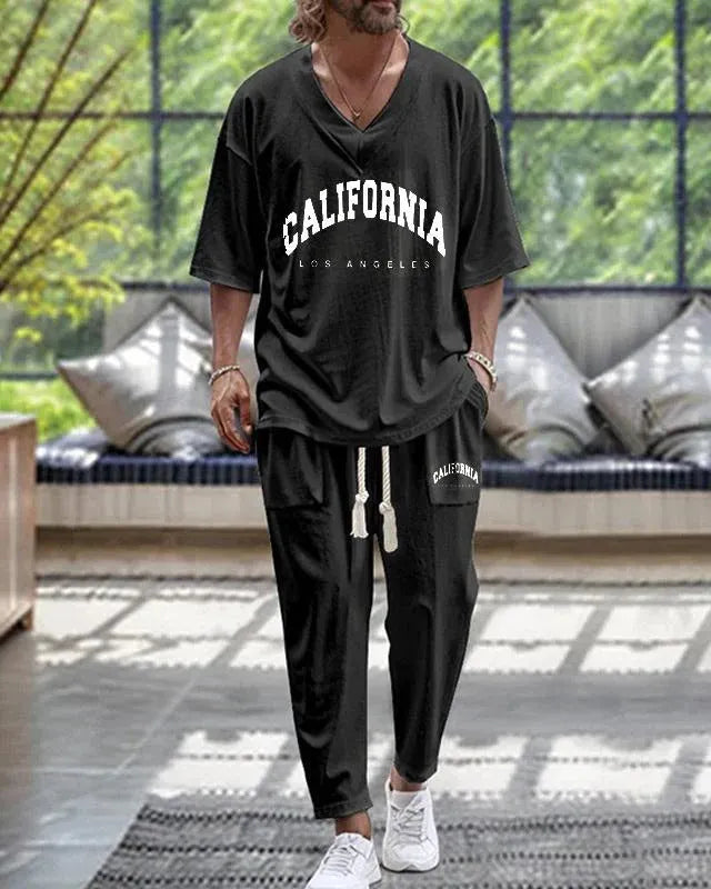 Men's cropped sleeve V-neck polyester suit in two-piece set with trousers