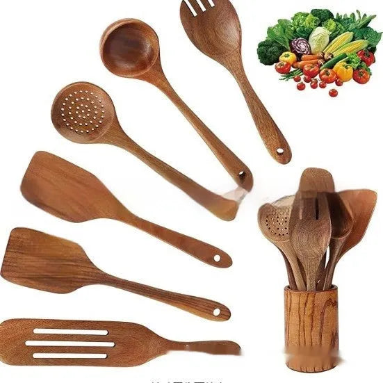Seven-piece wooden kitchen utensils set with spoons and spatulas for cooking and serving