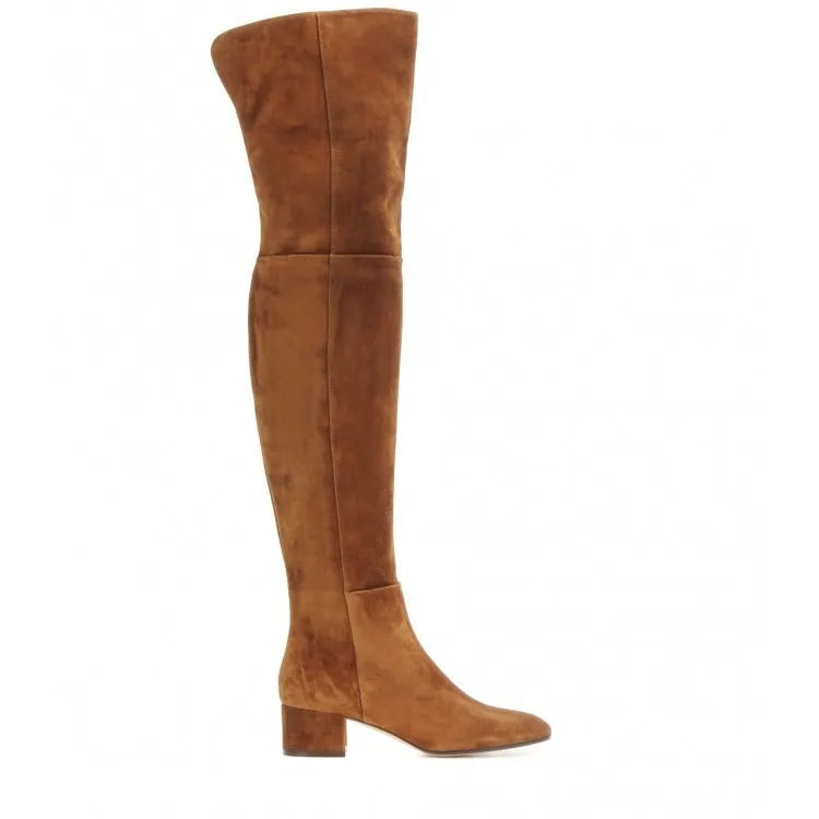 Grey suede women's flat over-the-knee boots with pointed toe and thick low heel.