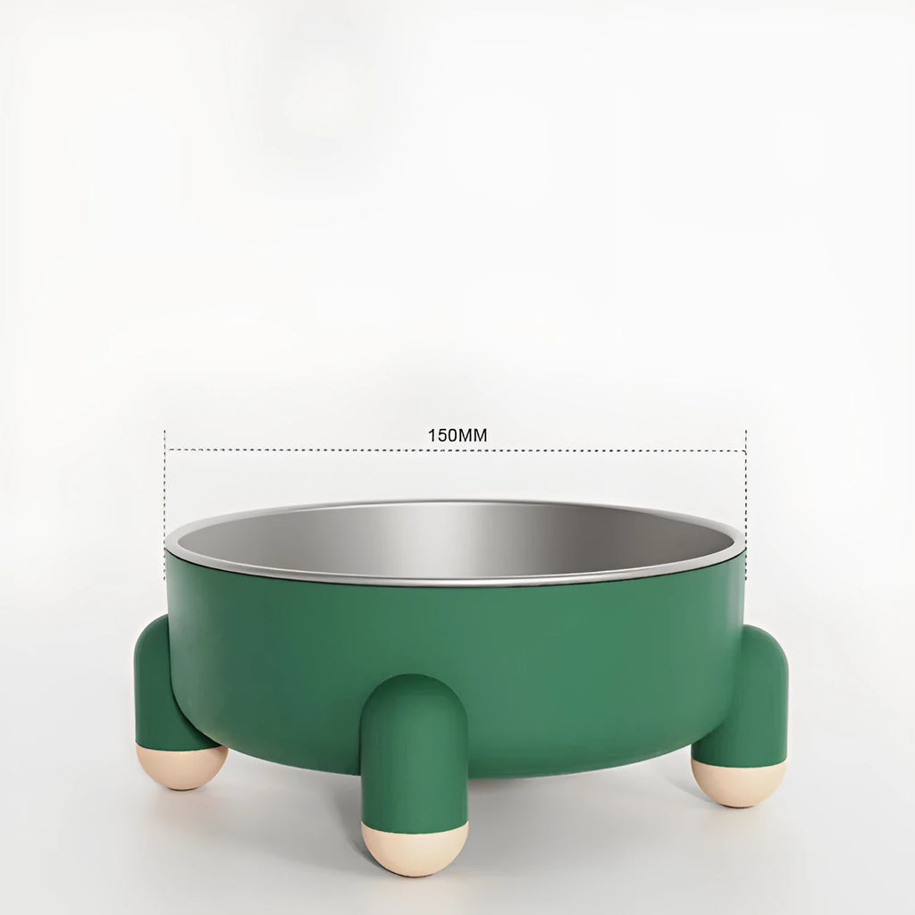 Stainless steel raised pet bowl with non-slip base in green, pink and white colour options