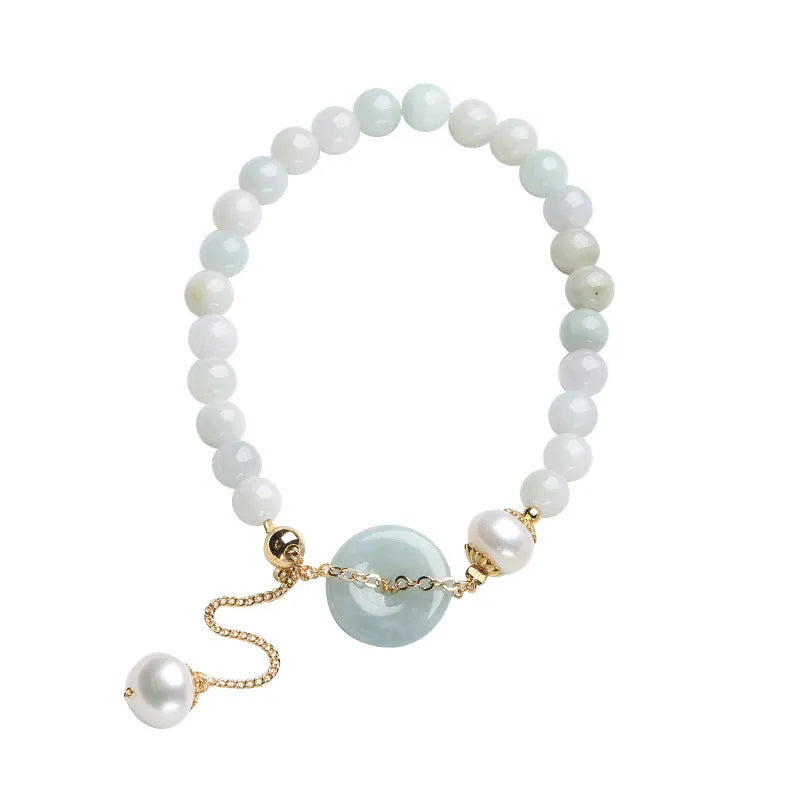 Women's jade pearl bracelet with natural emerald peace buckle and geometric national style design