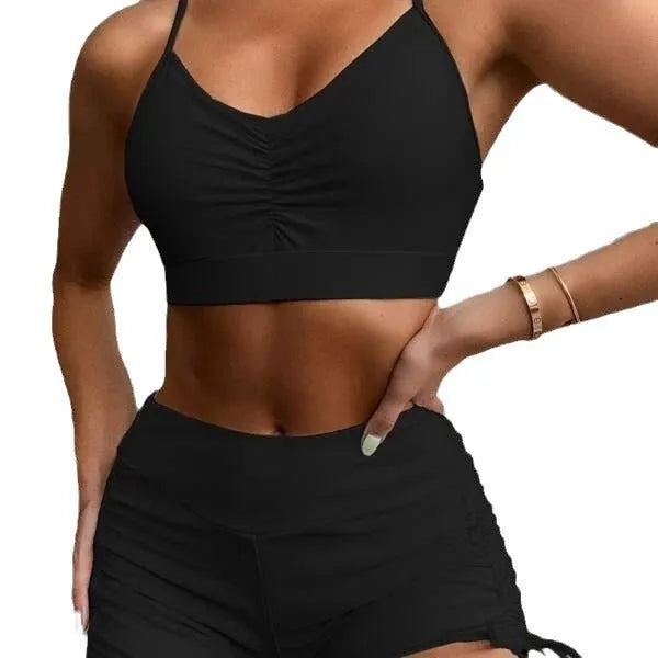 Women's violet high-waist split bikini swimsuit on a mannequin, showing top and shorts.