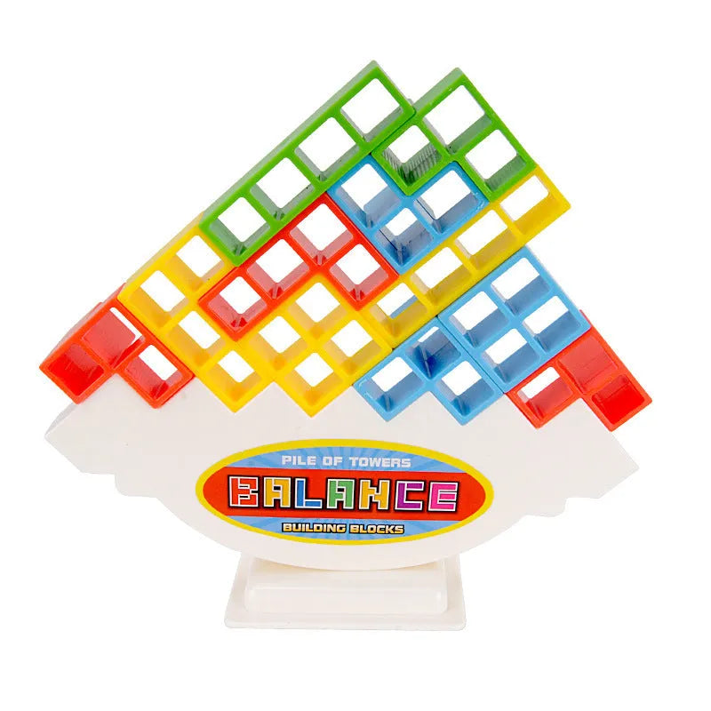 Colourful plastic balance stacking game with blocks, chassis, and base on a table