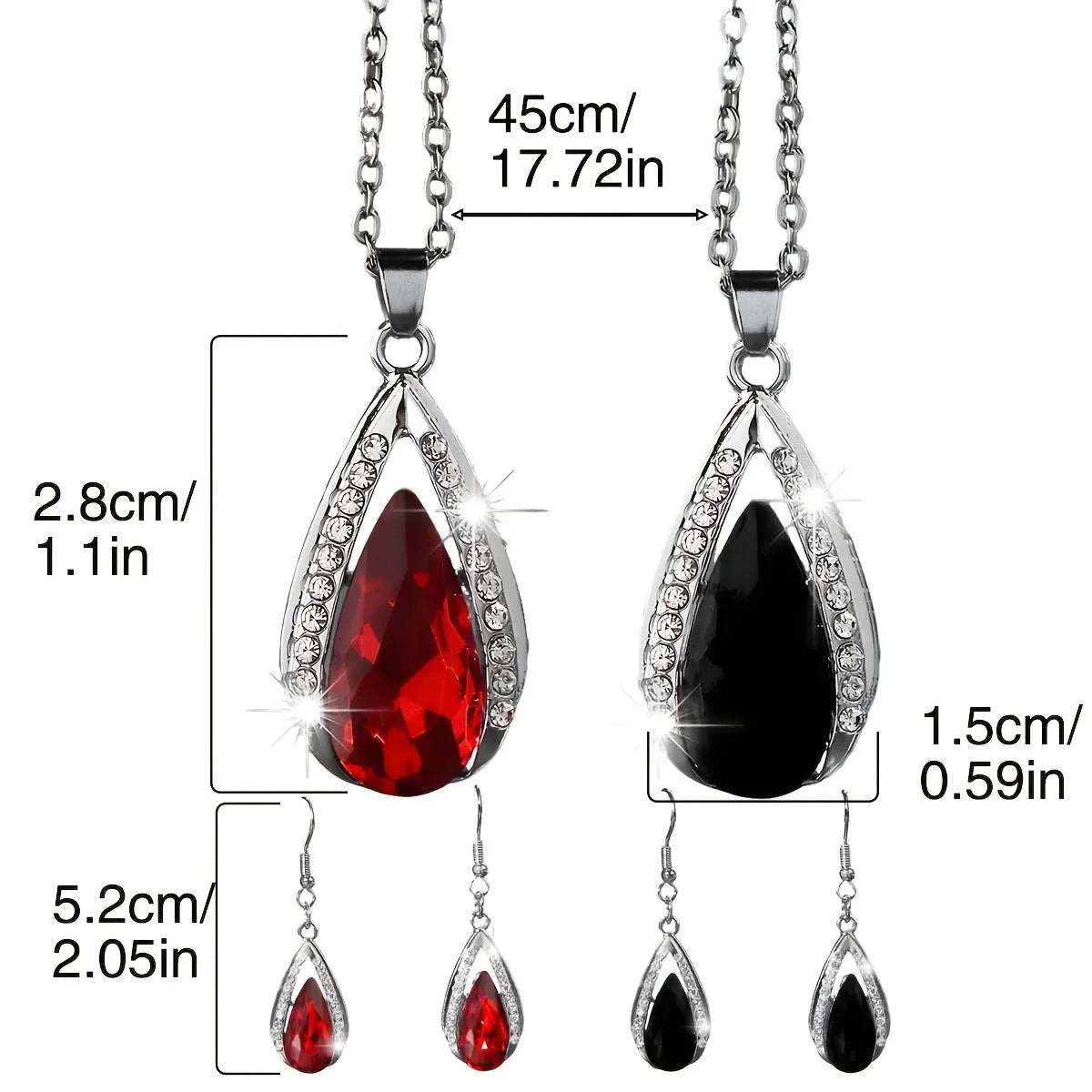 Black and red teardrop glass pendant alloy necklace and matching earrings set