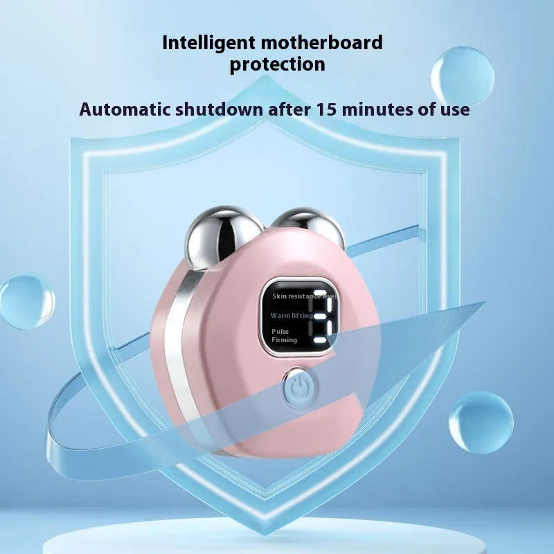 Portable white microcurrent facial massager with dual roller heads and hot compress function.