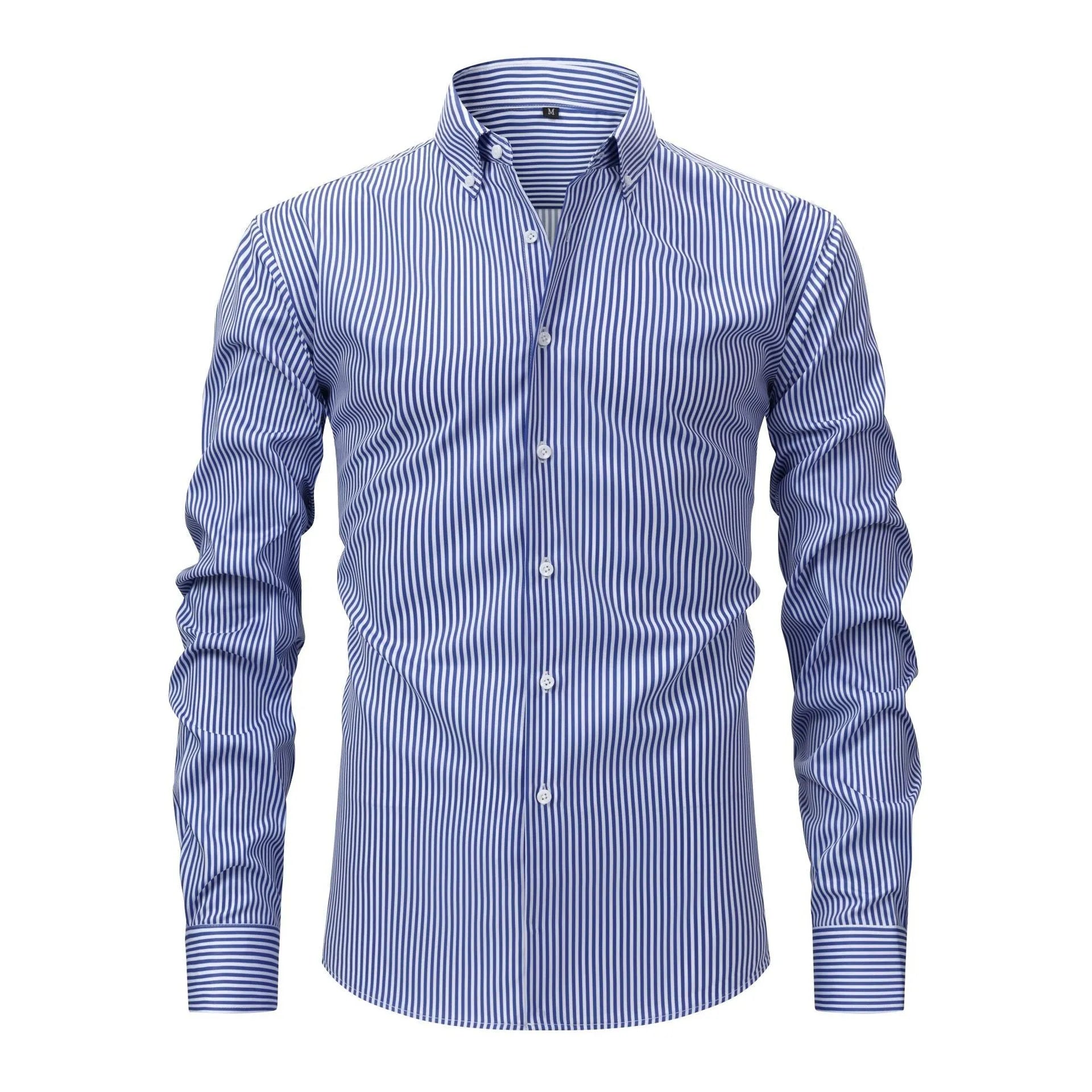 A man wearing a striped long-sleeved non-iron business casual shirt with a lapel collar.
