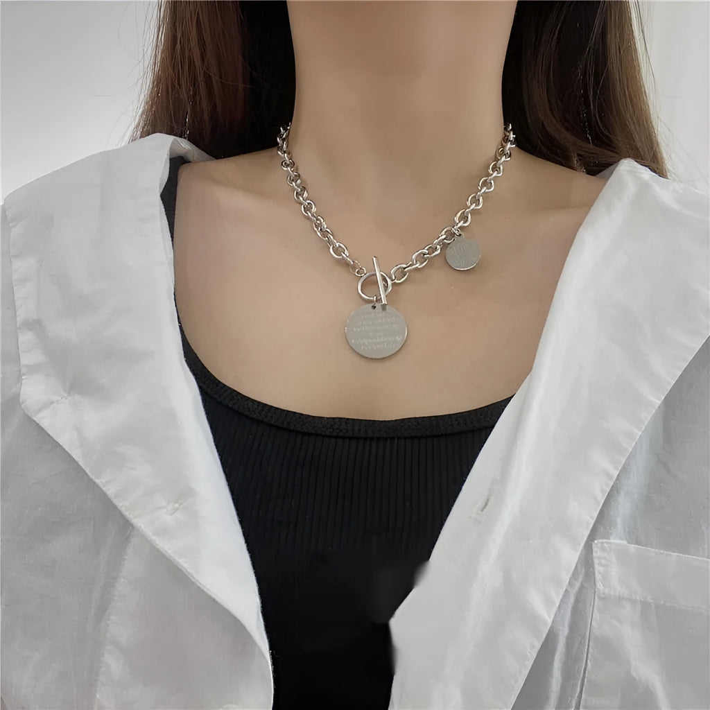 Full body titanium steel round pendant necklace on a box chain with baking varnish finish, adjustable 21cm to 50cm