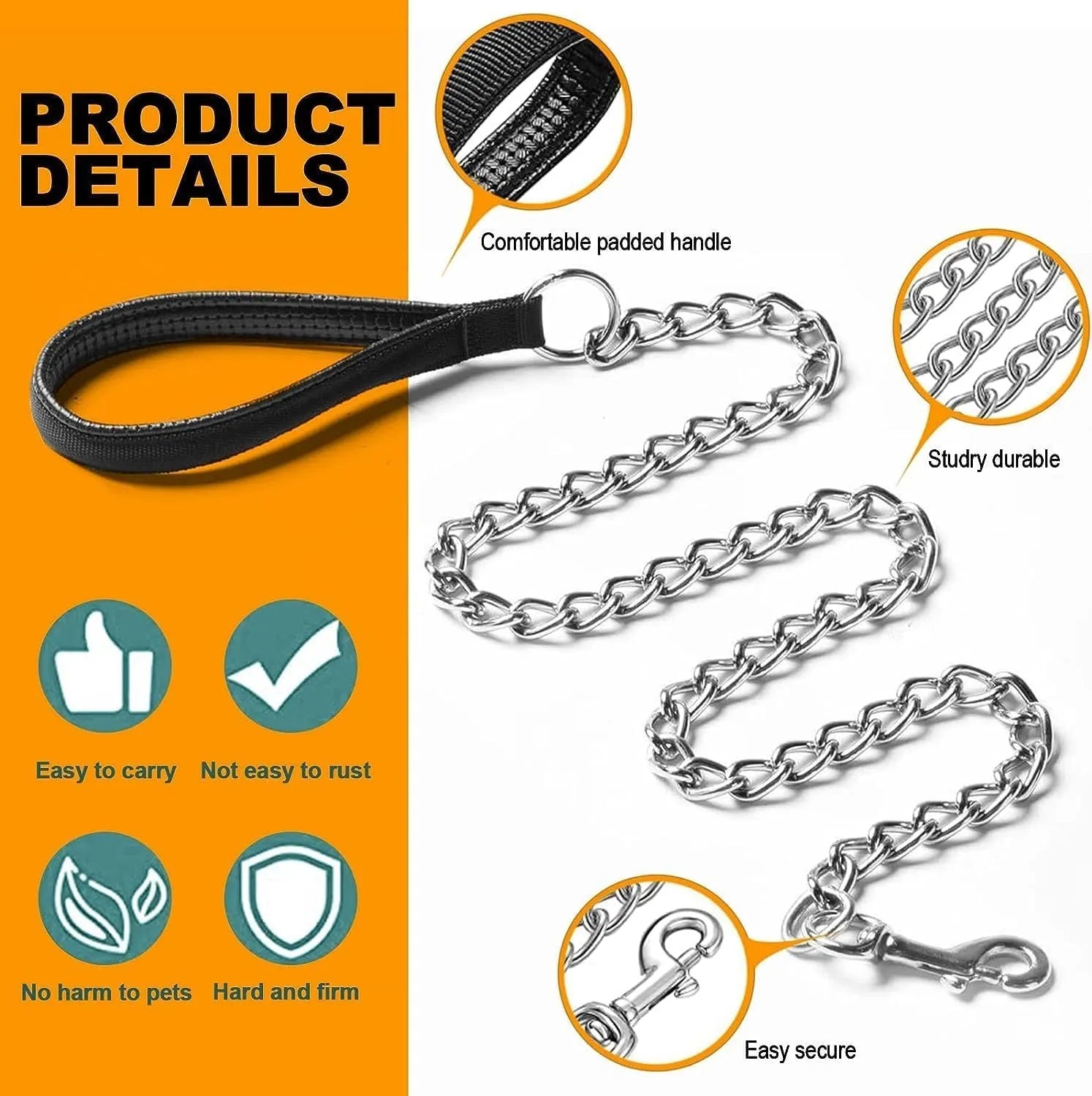 Heavy duty metal dog leash with soft padded handle and chew-proof chain in black, blue, or red.