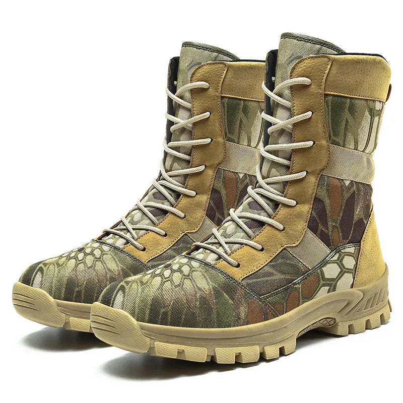 Men's black and camouflage mesh high-top sports boots showing totem detailing and Martin boot design