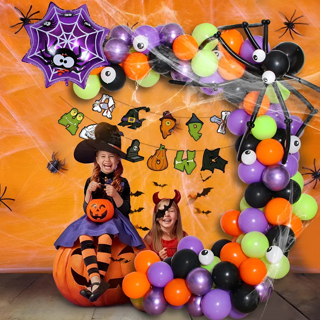Halloween balloon decoration set with skull and pumpkin designs for spider arch display