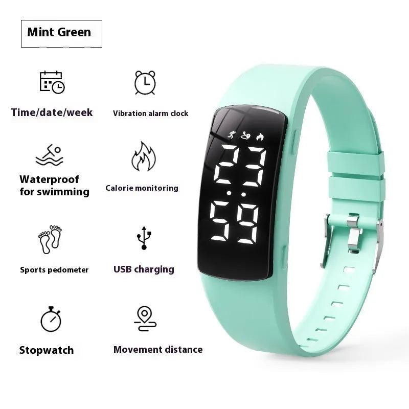 Electronic vibration alarm watch with LED display and silicone strap showing waterproof rating of 50 metres