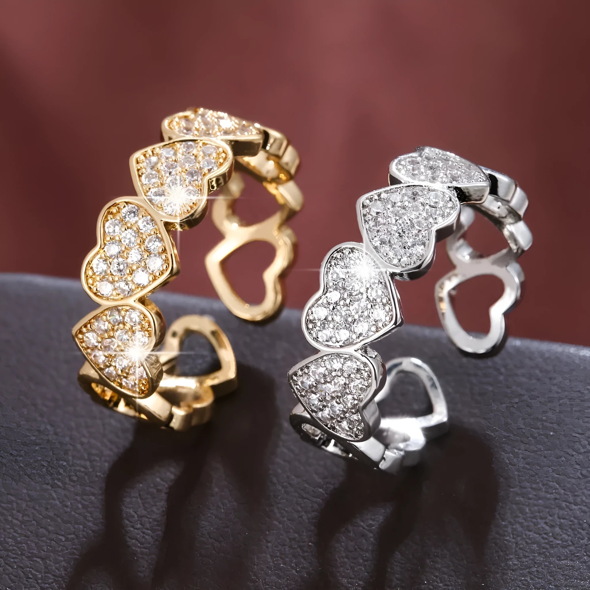 Adjustable opening couples ring with geometric heart design in gold finish