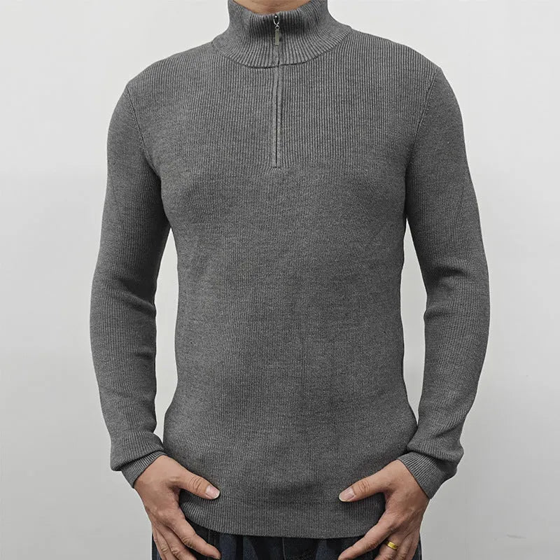 Men's half-turtleneck zipper sweater in cotton blend fabric shown in black, grey, green, orange, and white colours.