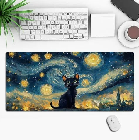 Custom anime graphic gaming mouse pad with non-slip rubber base on a desk.