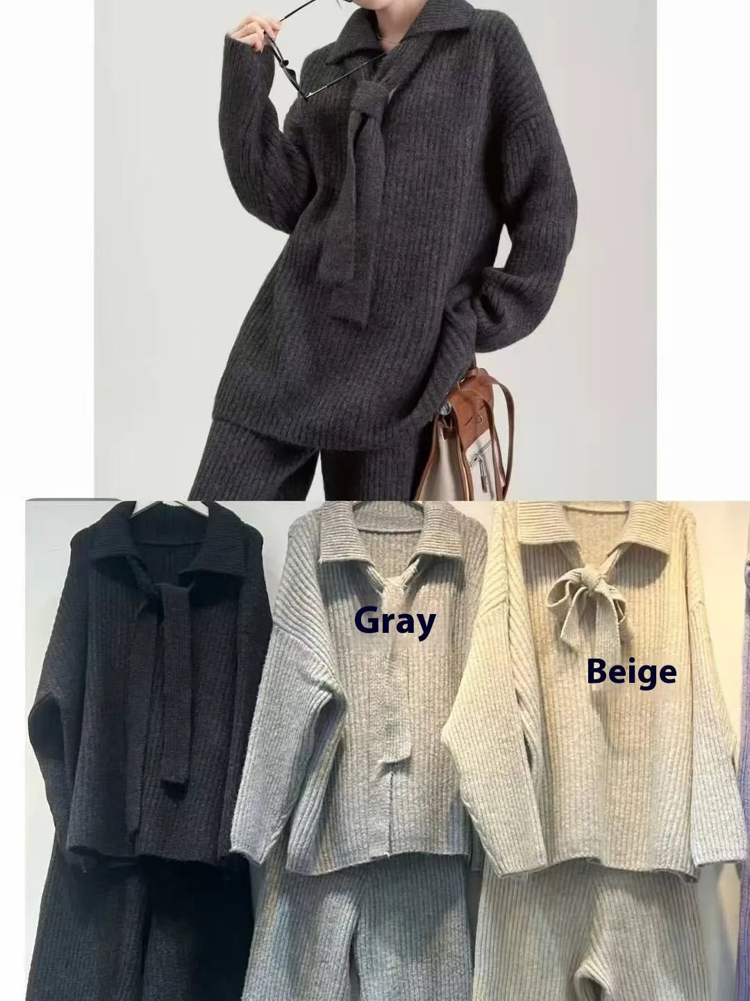 Sweater suit two-piece set in acrylic imitation cashmere fabric with long sleeves and trouser bottoms