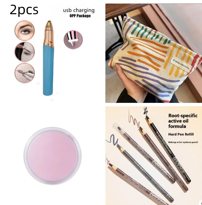 Eyebrow epilator pen with gold plated head and LED light on pink background
