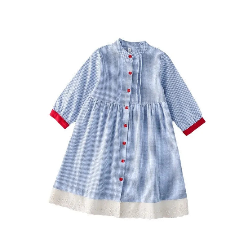 Blue plaid overknee long dress for girls cotton fabric retro style suitable for heights 90cm to 130cm