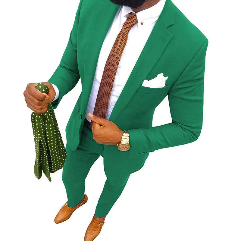 Men's multicolour cotton banquet suit jacket and trousers on a hanger, showing various available colours.
