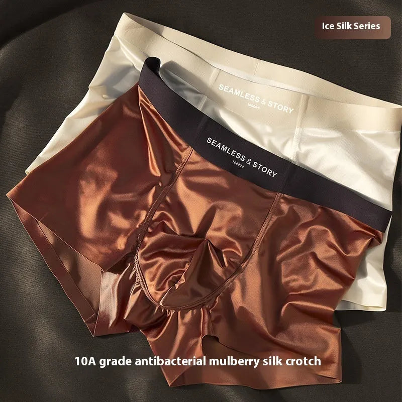 Men's ice silk satin underwear in mid waist traceless design, shown in coffee colour.