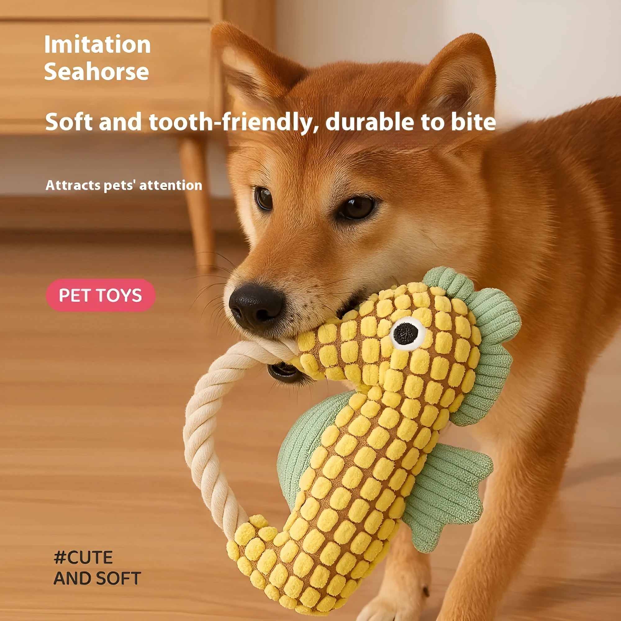 Pineapple velvet molar plush pet toy in yellow seahorse colour with squeaker, 16.5 x 23.5 cm
