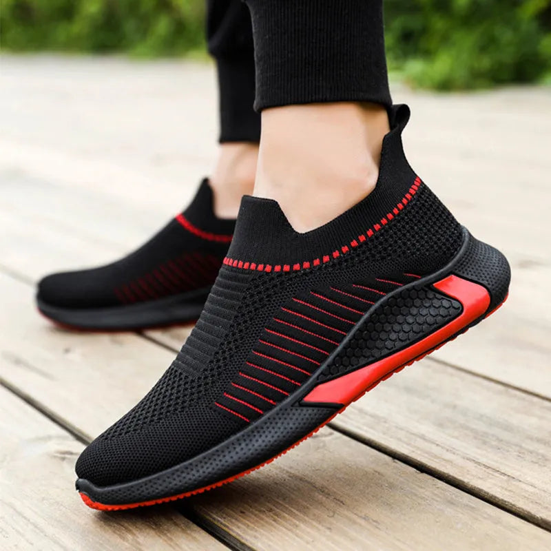Men's mesh sock shoes with Flyknit upper and striped design in black, black white, and white colour options