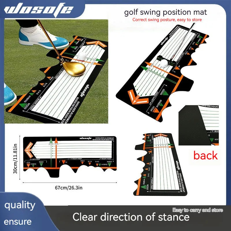 Black neoprene golf swing posture correction pad for stance alignment practice.