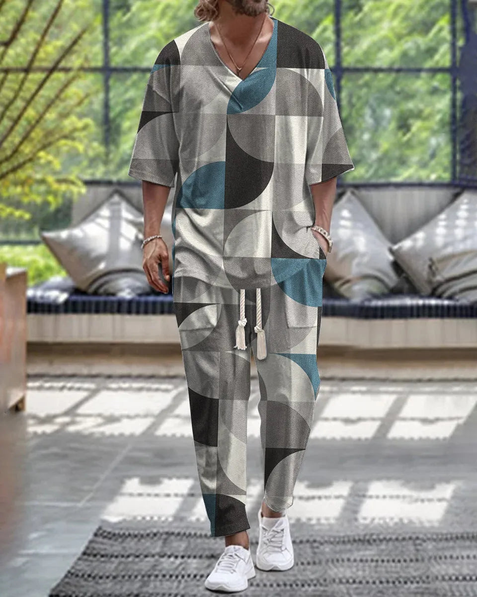 Men's cropped sleeve V-neck polyester suit in two-piece set with trousers