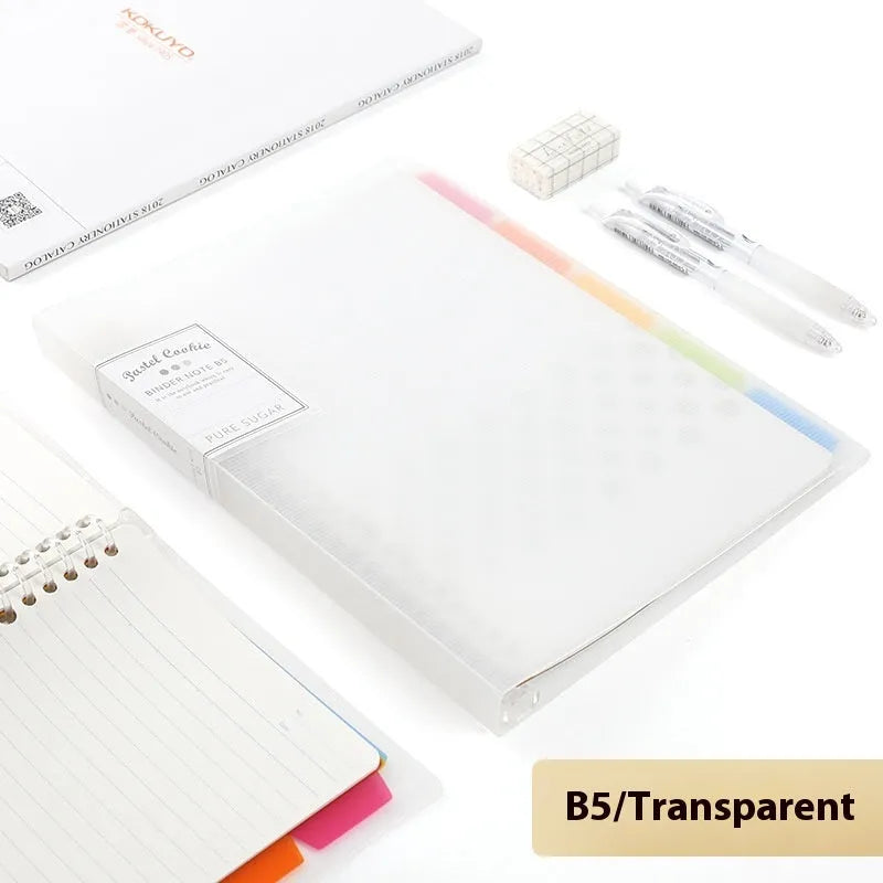 Loose-leaf spiral notebook with PP cover open, showing raw wood pulp pages in A5 or B5 size.