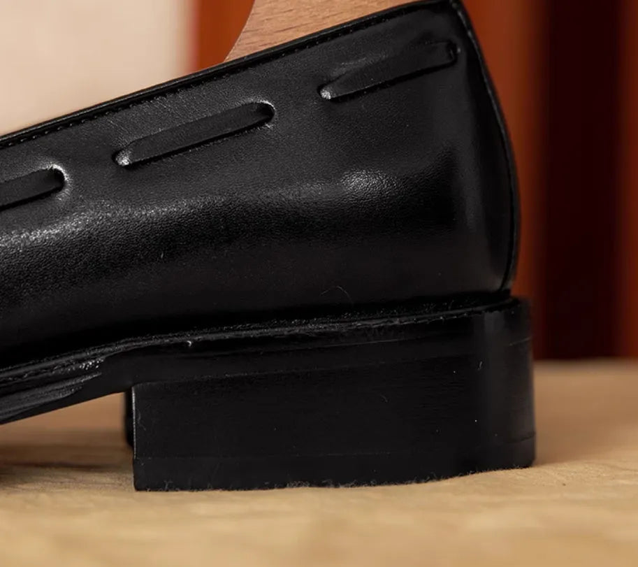Men's black genuine leather loafers with fringed design and rubber soles