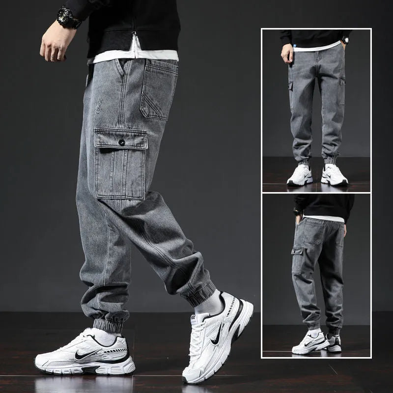Japanese style workwear multi-pocket jeans in blue for men, mid-waist cotton trousers