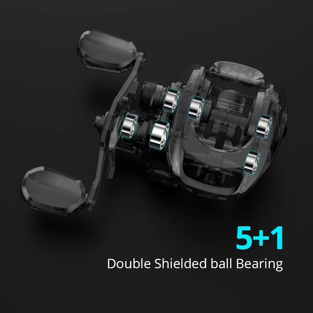 Fishing rod spinning reel with drip wheel lure mechanism and rocking wheel line guide