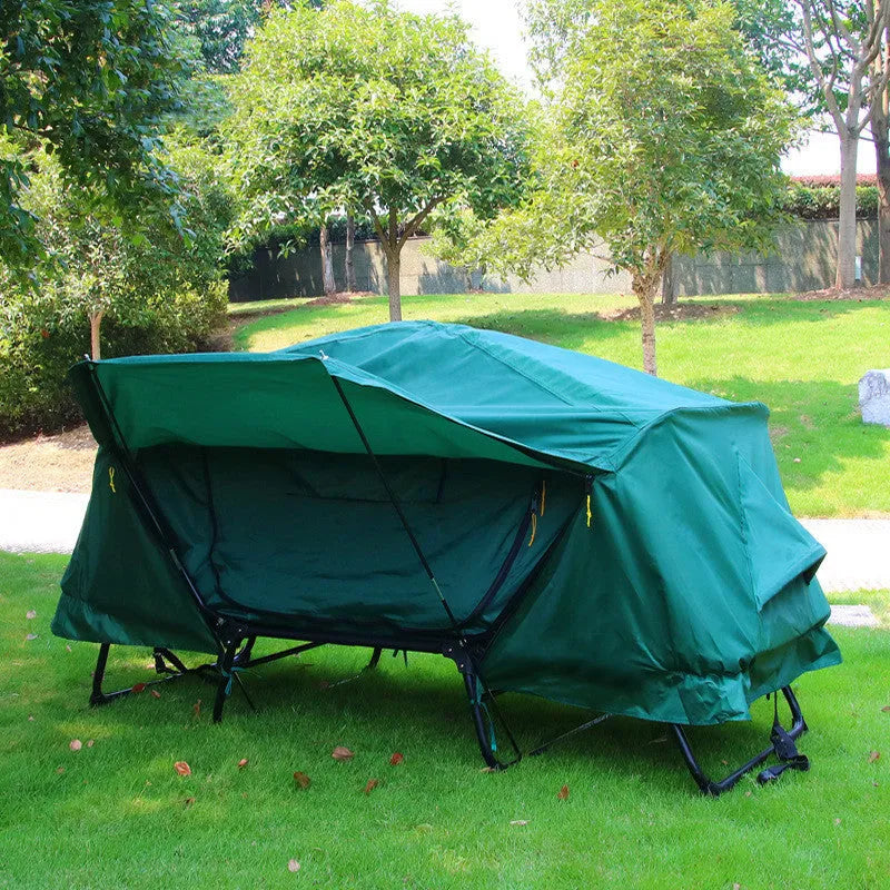 Outdoor thickened Oxford cloth insulated off ground tent for two camping and fishing, double decker, steel rods, 210x120x120cm, military green