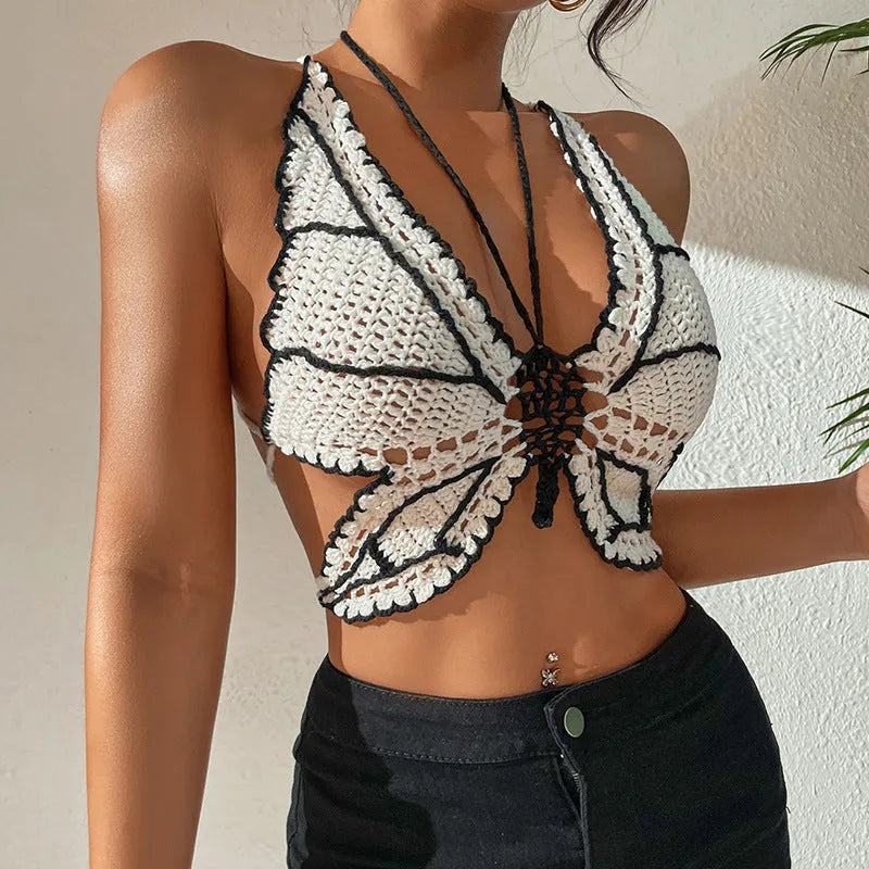 Black and white women's two-piece acrylic bikini swimsuit for swimming and sports.