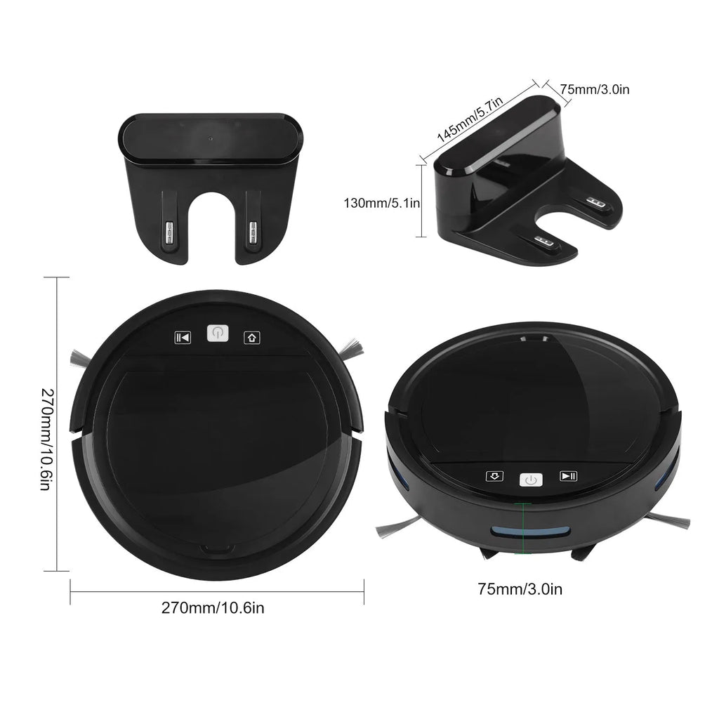 Black automatic recharge vacuum cleaner with remote control on a hard floor, showing its charging base