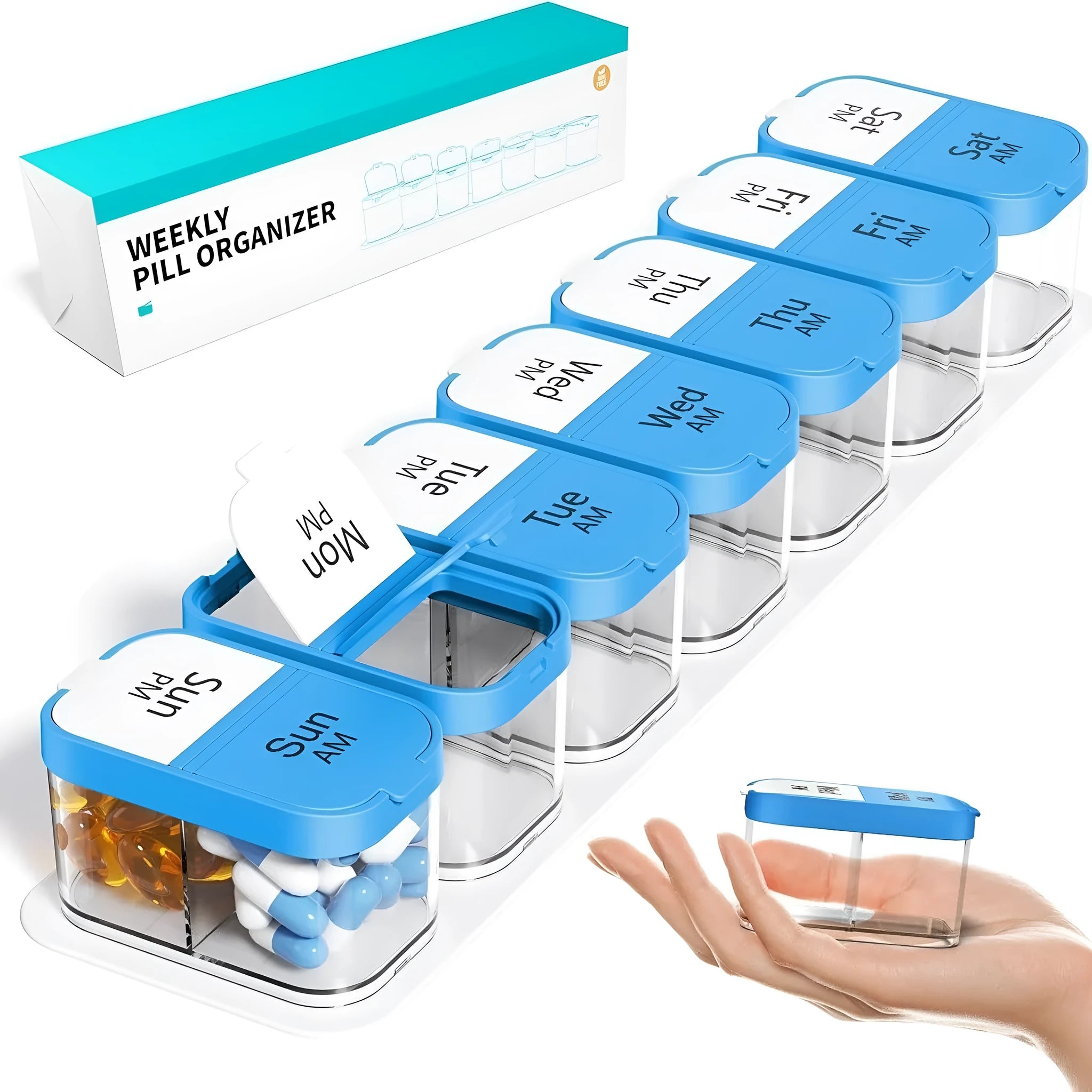 Extra large portable pill box with 14 removable compartments in white or rainbow colour, dimensions 327x65x49mm