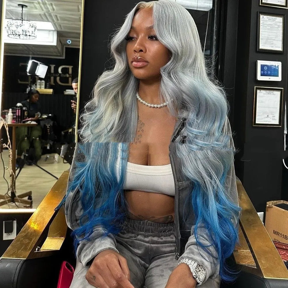 Grey blue gradient colour human hair lace front wig on a model, showing 4x4 lace construction and long, straight Ruili style.