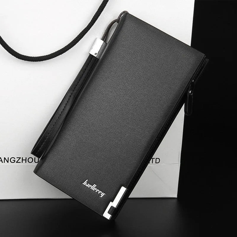 Men's long black PU leather wallet with a silver zipper closure laid flat.