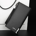 Men's long black PU leather wallet with a silver zipper closure laid flat.