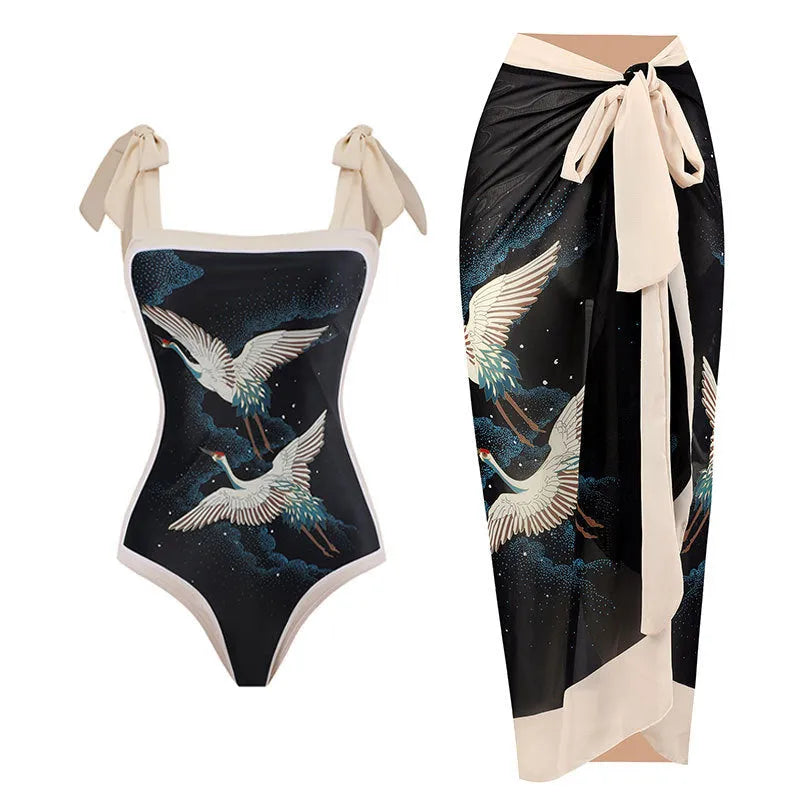 Women's retro one-piece swimsuit with chiffon skirt in floral pattern