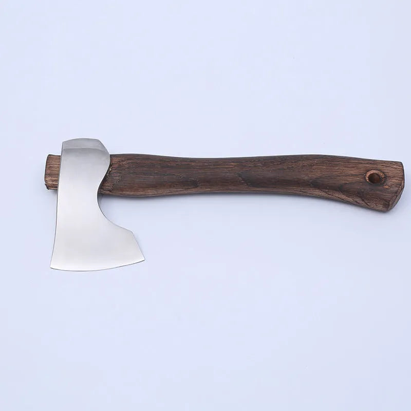 Camping axe with wooden handle and high carbon steel head.