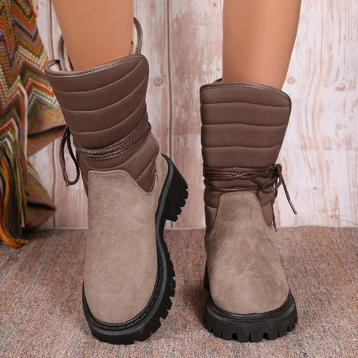 Women's chunky heel mid-tube snow boots with lace-up design in black, grey, and brown colours