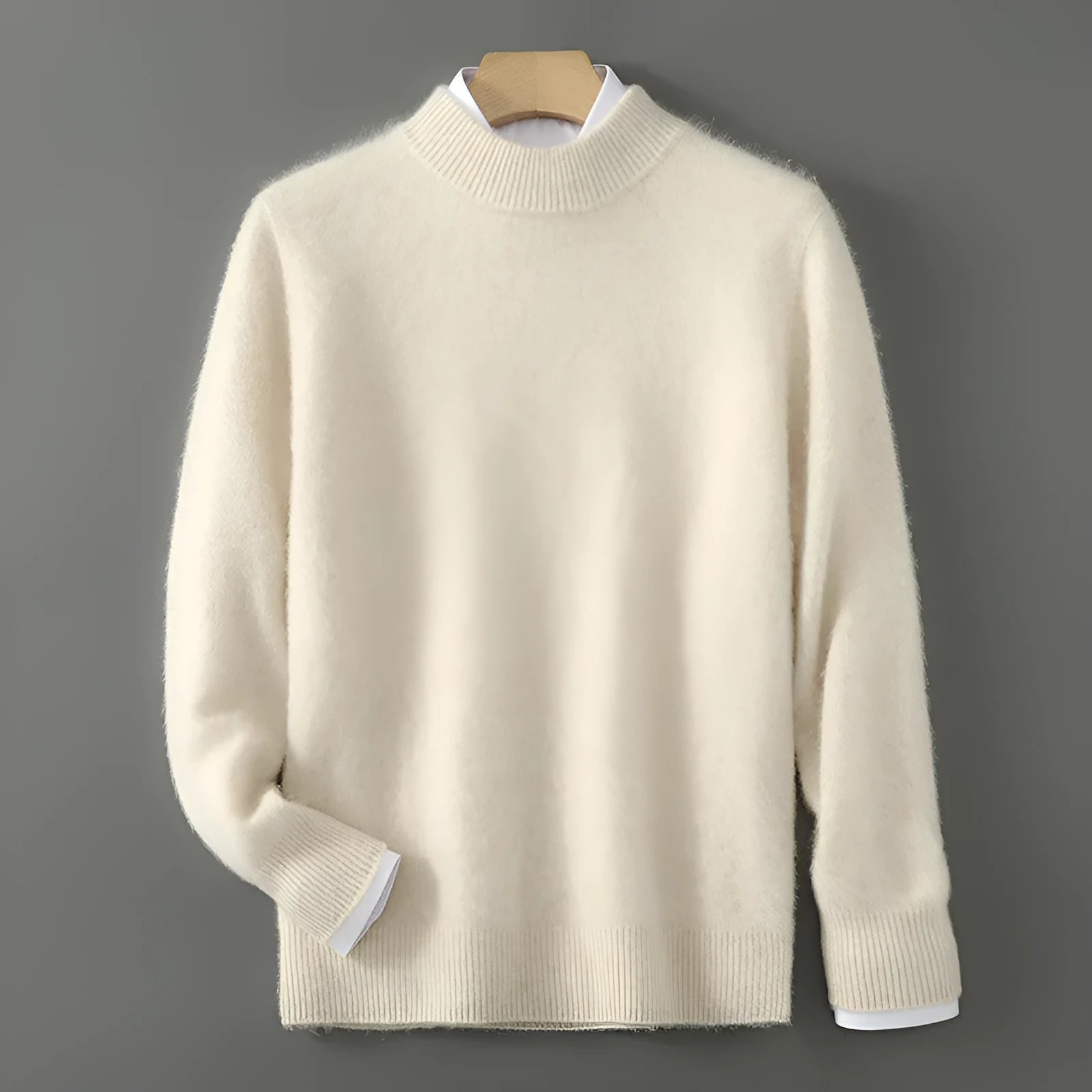 Men's half turtleneck wool blend pullover sweater in beige with loose batwing sleeves, thick knit, long sleeves, plus size fit