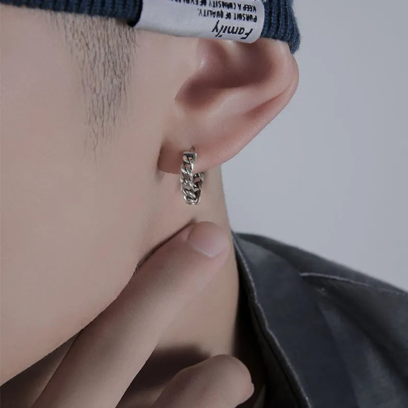 Men's geometric copper earrings in silver, shown in 10mm and 14mm sizes on a plain background.