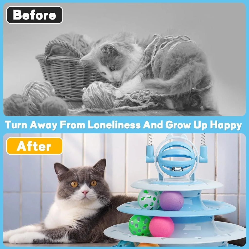 Interactive four-tier carousel cat toy with colourful balls and teasing rods on a non-slip base.