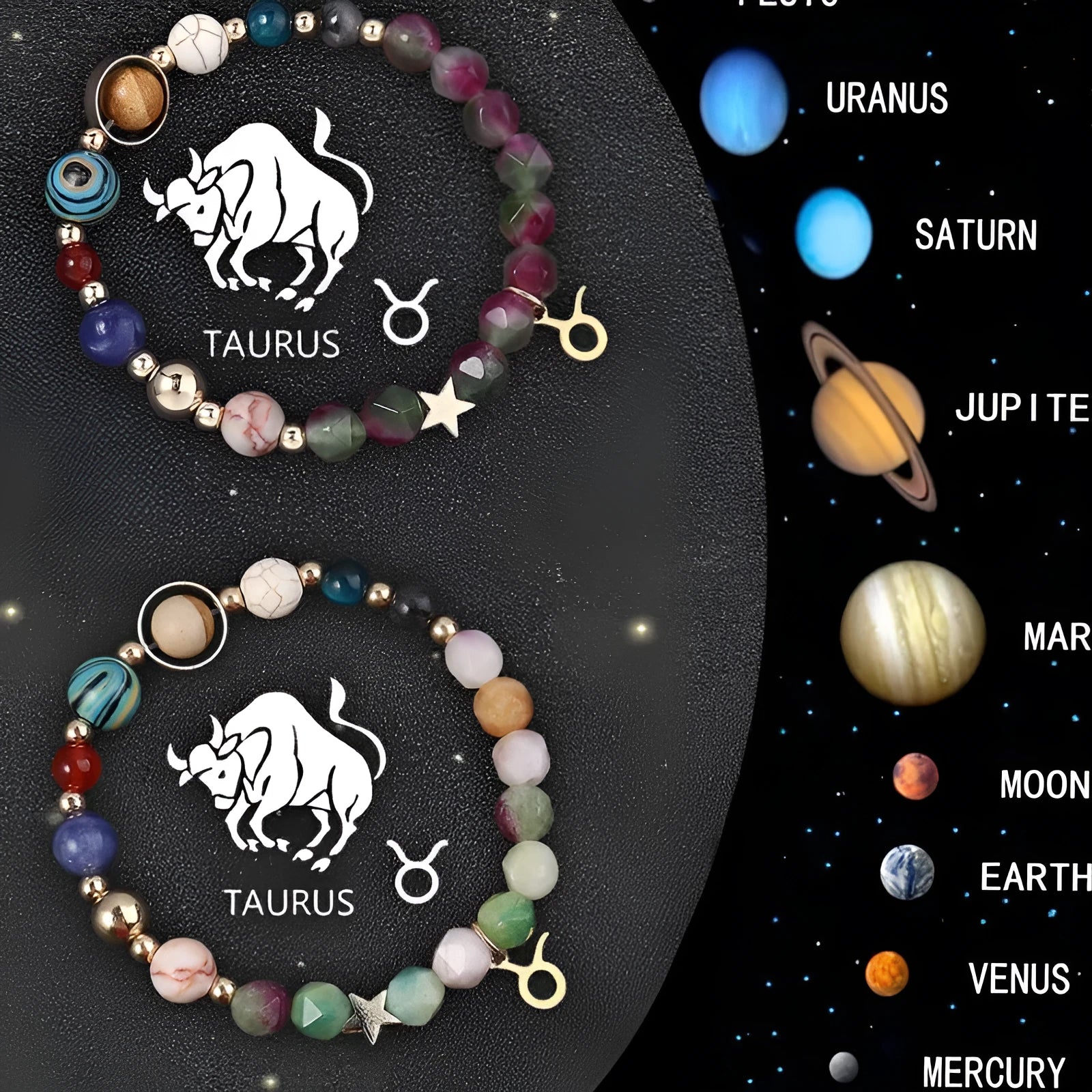 Set of two adjustable natural stone beaded bracelets showing different zodiac sign designs.