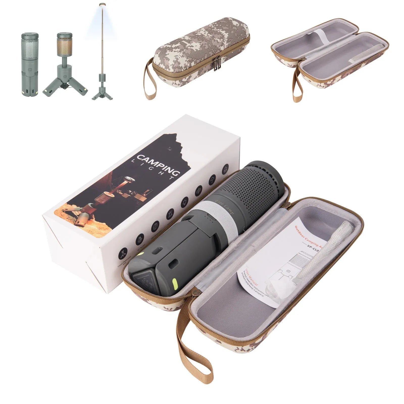 Portable LED camping light with battery power and button switch in off white or dark grey colour
