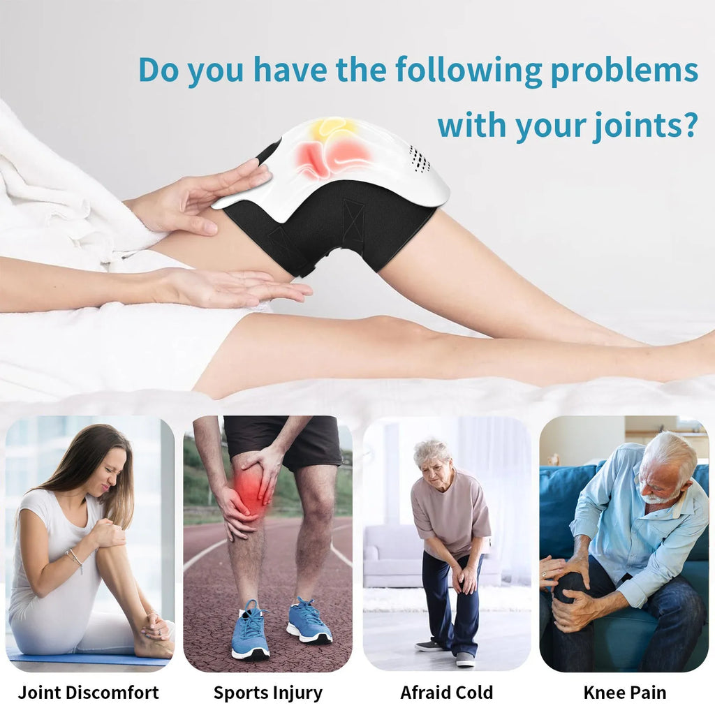 Rechargeable knee massager with intelligent kneading heating and infrared laser vibration in white or wood colour